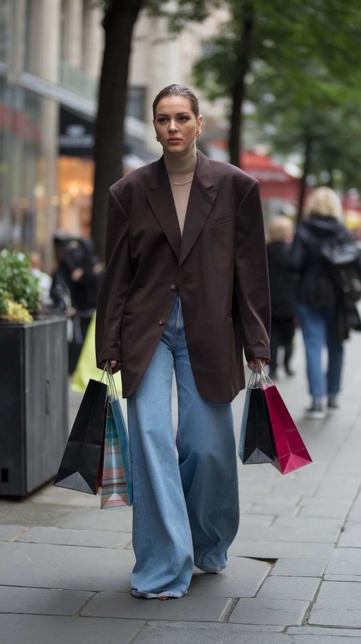 A woman wearing an oversized blazer and wide leg jeans, walking with shopping bags.