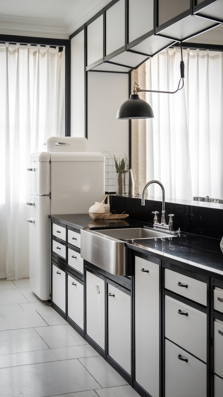 A modern black and white kitchen featuring sleek cabinets, a retro refrigerator, and a stylish pendant light.