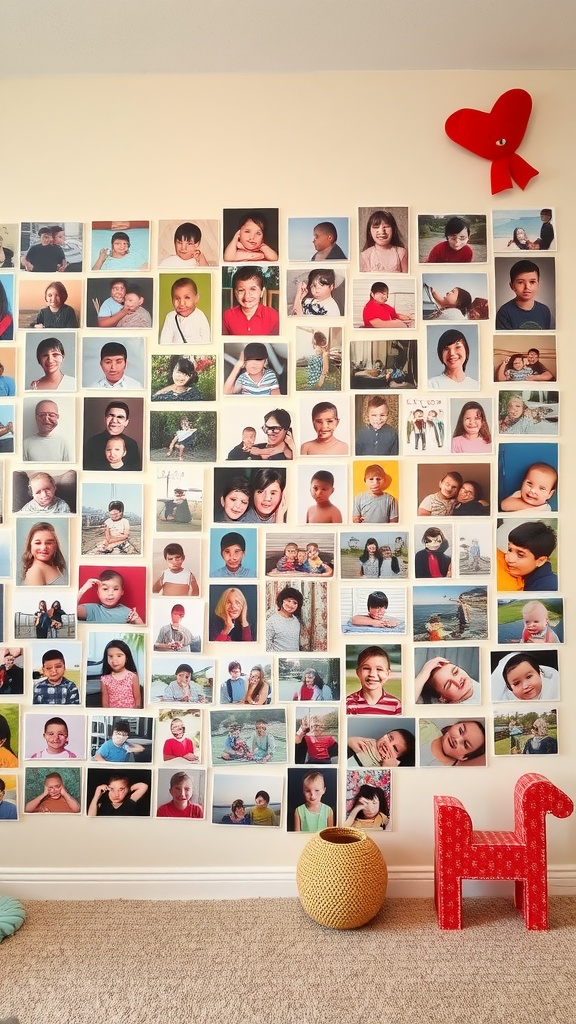 A photo wall filled with childhood memories, featuring a variety of pictures of children and a red heart decoration.