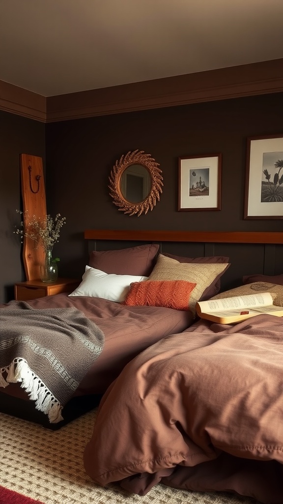 A cozy bedroom featuring chocolate brown walls, layered bedding in brown tones, decorative pillows, framed art, and a touch of greenery.