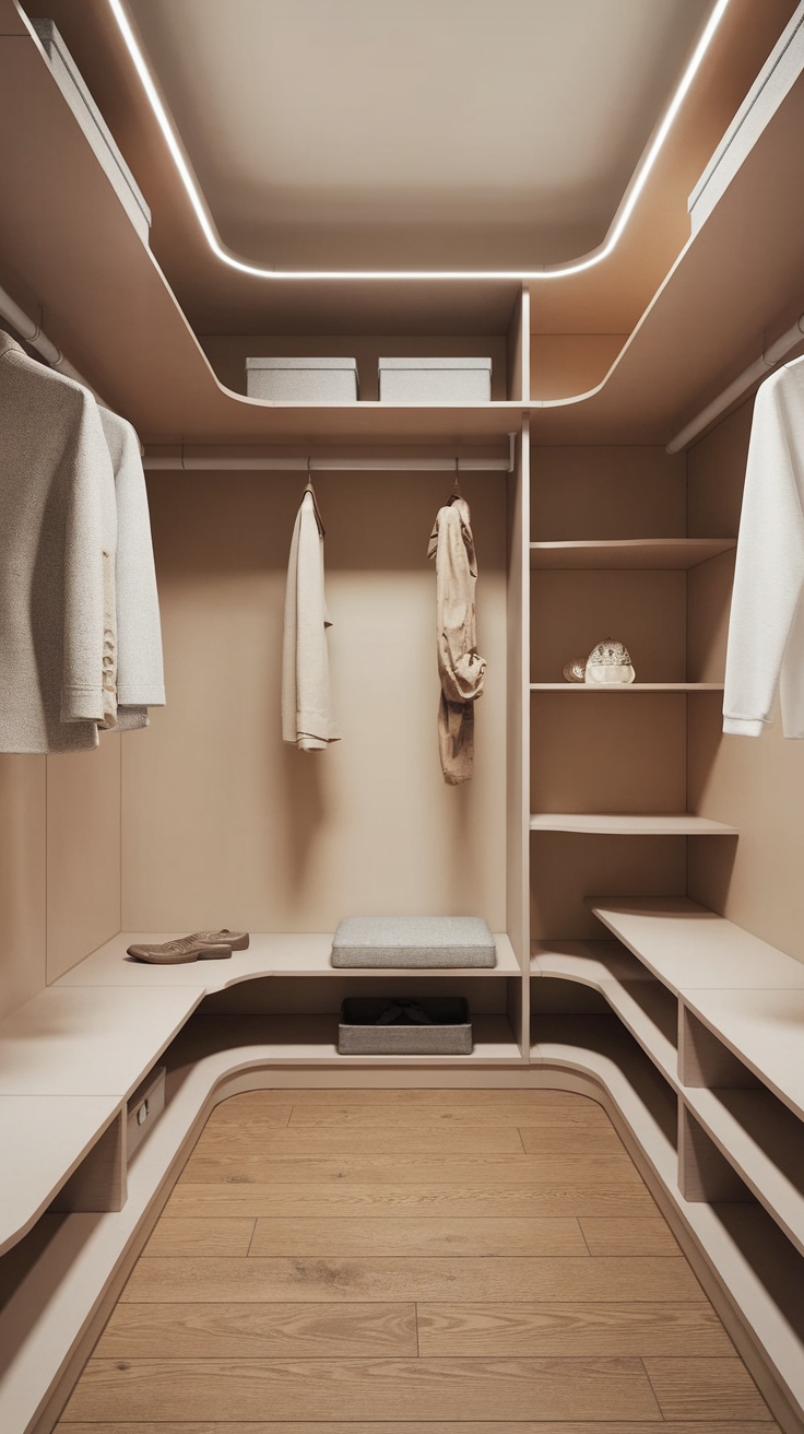 A minimalist walk-in closet featuring a neutral color palette with light beige walls, wooden flooring, and organized shelves.