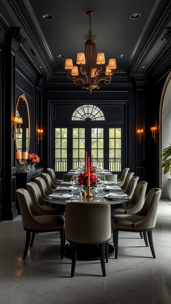 Elegant dining room with black walls and chandelier