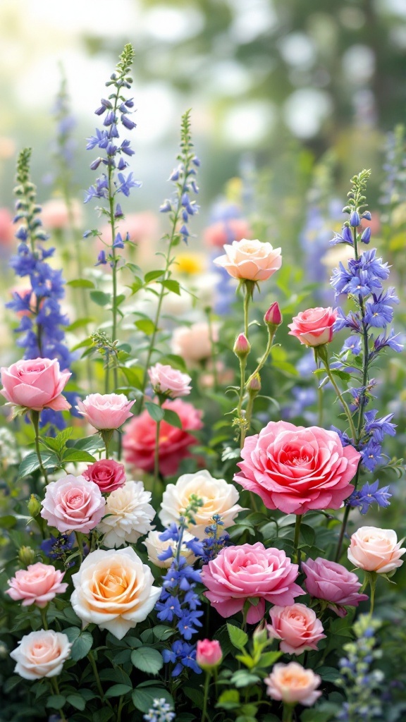 A classic English garden flower bed with colorful roses and blue delphiniums.