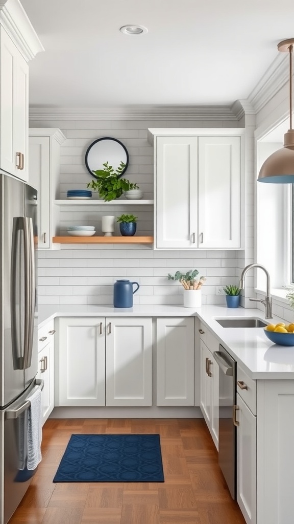 A modern kitchen featuring white cabinets and navy blue accents, with a wooden shelf displaying dishware and plants, and warm lighting.