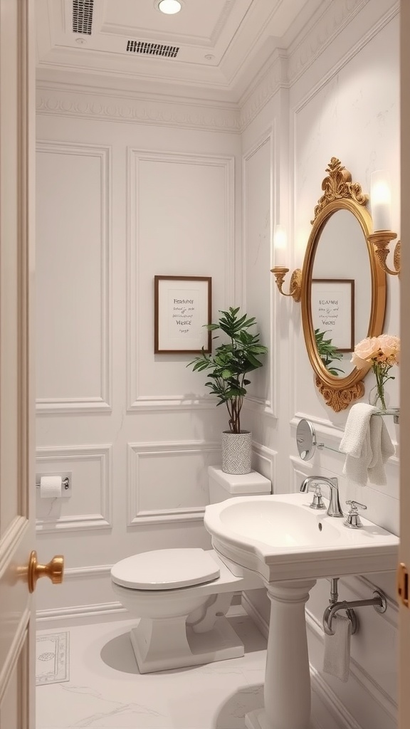 A small bathroom featuring classic white walls, elegant fixtures, and decorative elements.