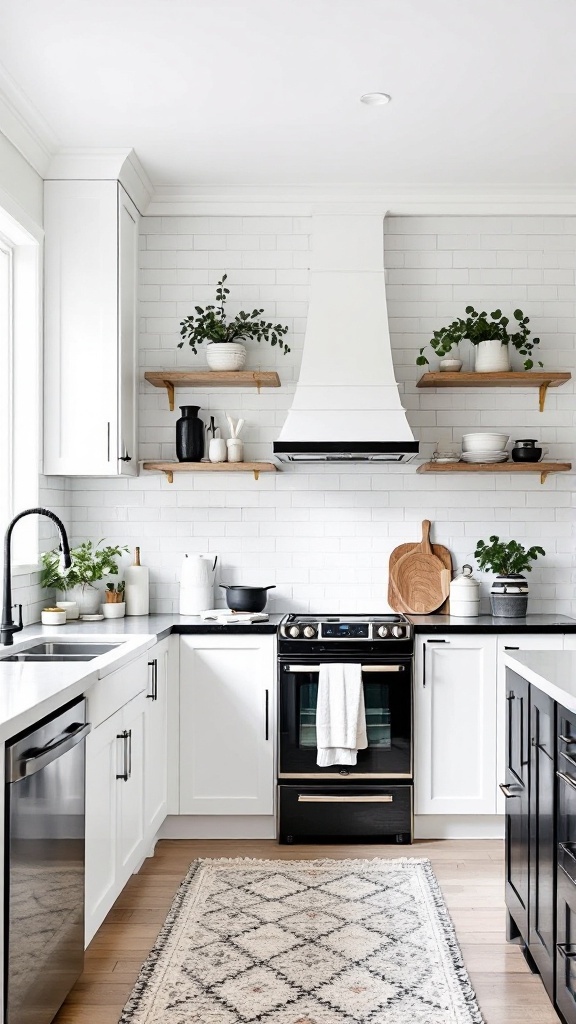 A stylish black and white coastal kitchen featuring white cabinets, black accents, open shelves with plants, and a warm rug.