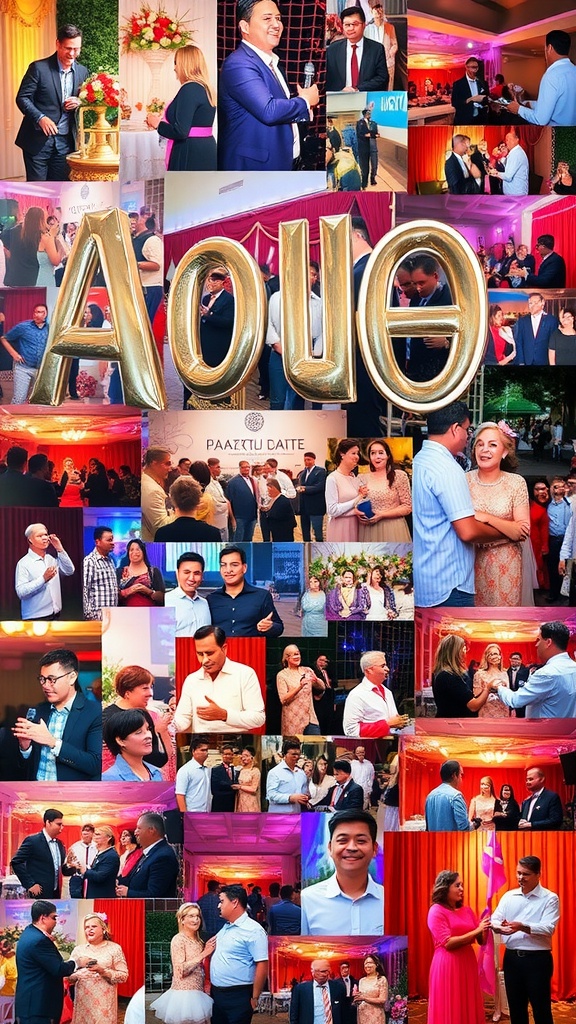 A colorful collage of various special events featuring people celebrating and interacting in different settings.