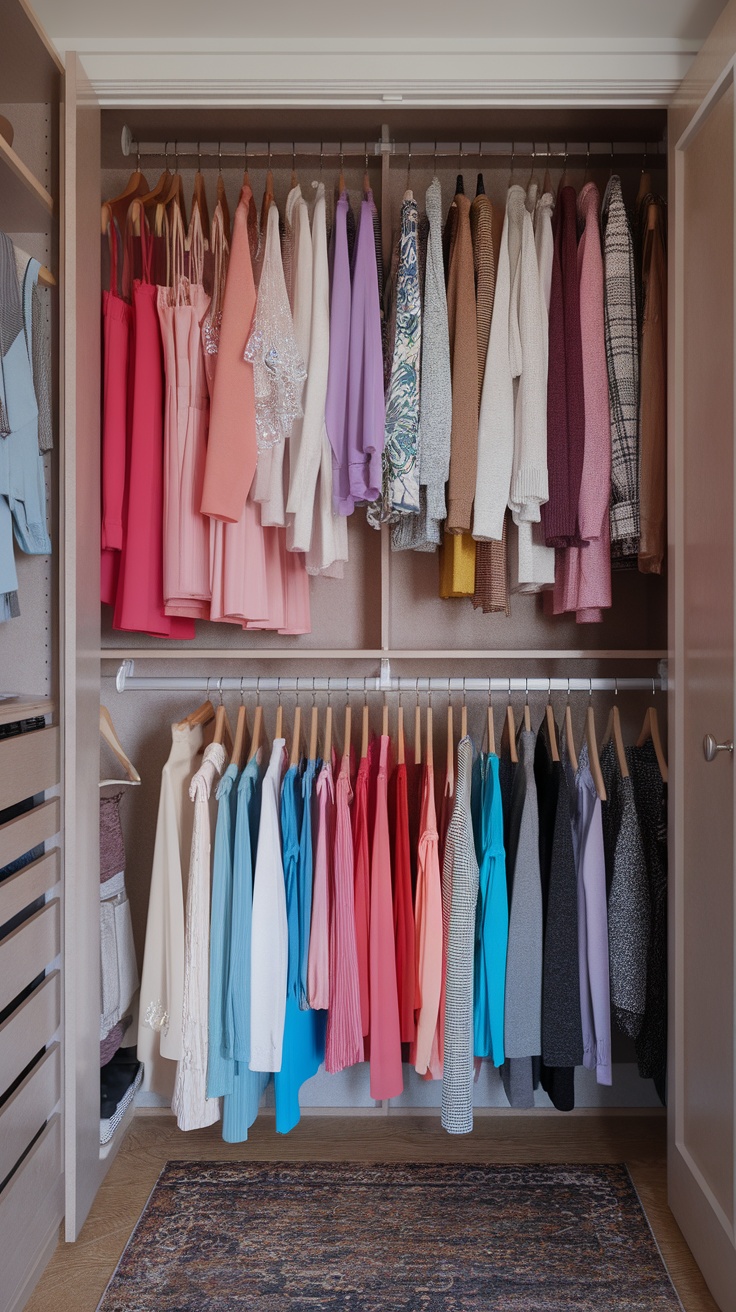 A neatly organized walk-in closet with clothing color-coded into sections.