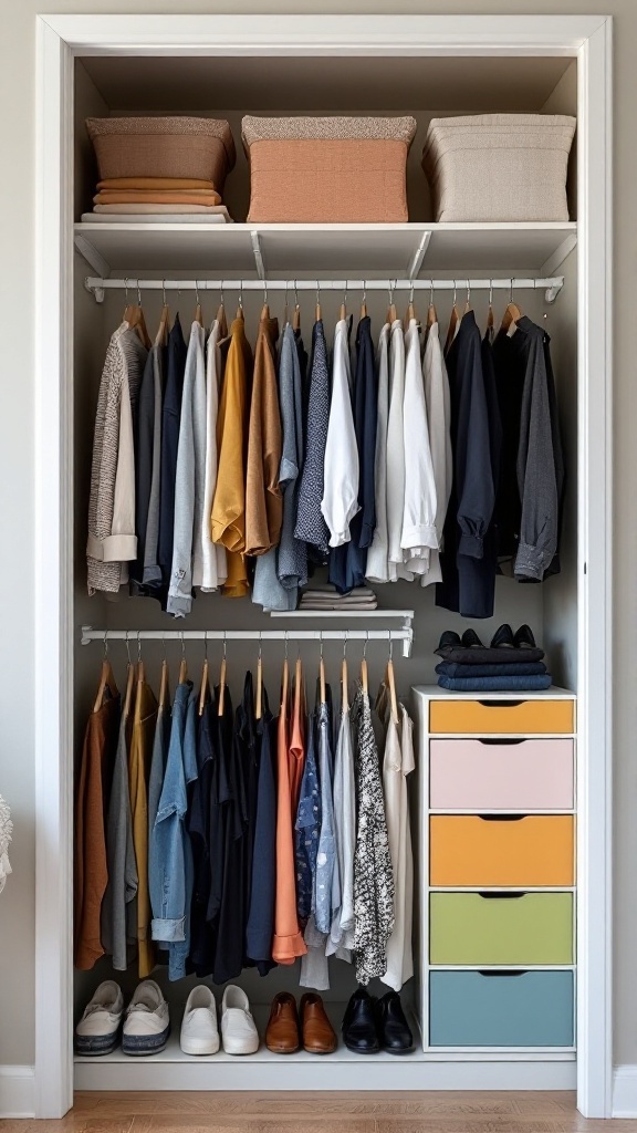 A neatly organized closet with clothes arranged by color and storage baskets on the top shelf.