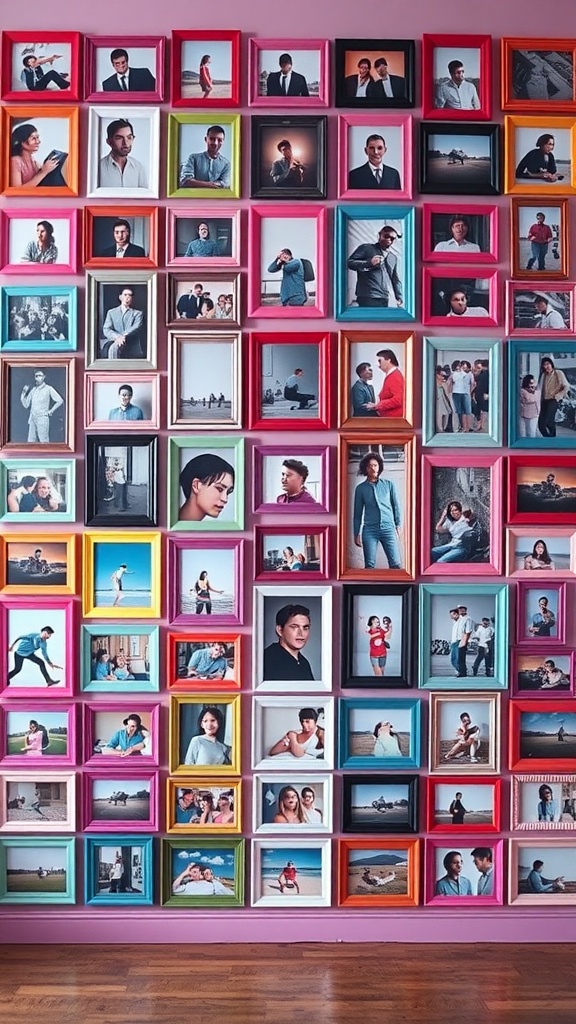 A colorful arrangement of framed photos on a wall, showcasing various images in vibrant frames.