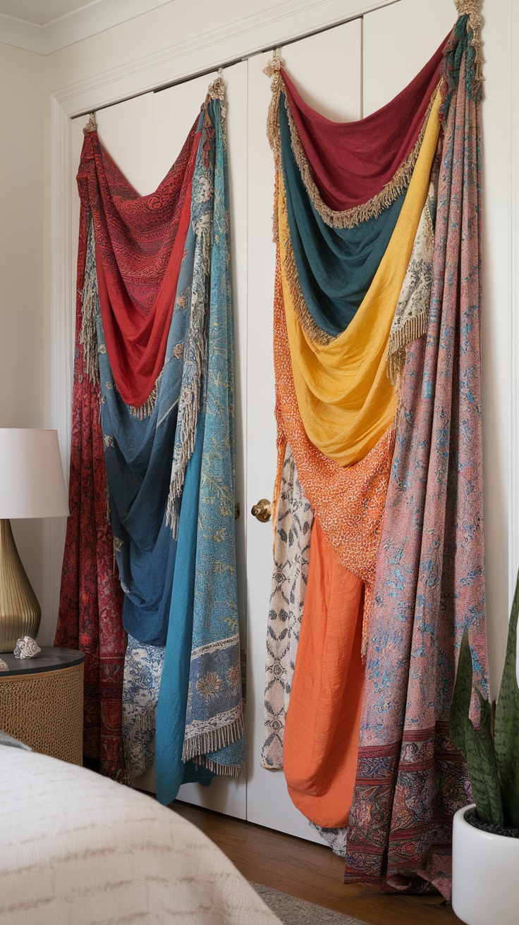 Colorful fabric panels draped over bedroom doors, showcasing a variety of colors and patterns.