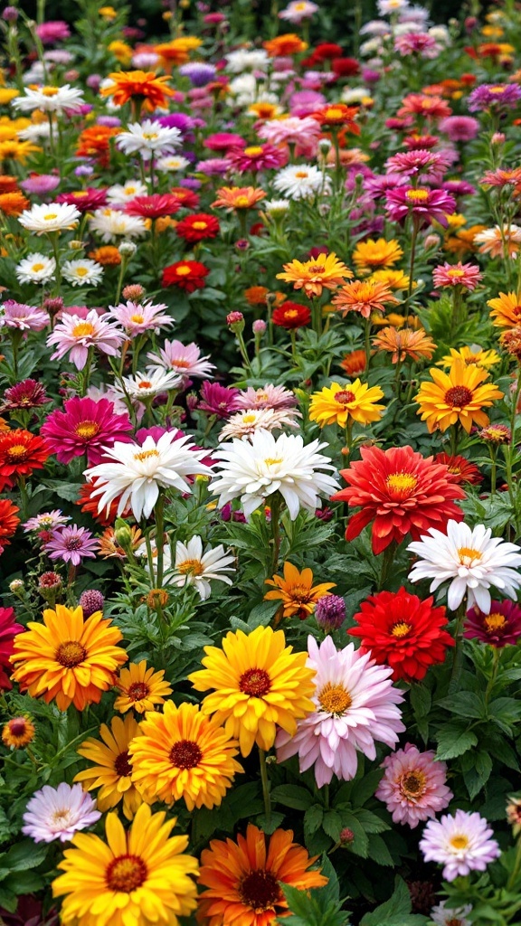 A vibrant flower bed with a variety of colorful perennial flowers in full bloom.