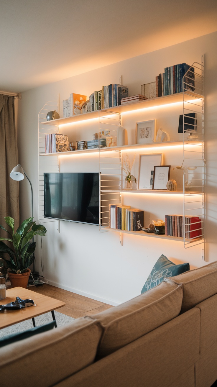 Ivar shelves with warm lighting displaying books and decorative items