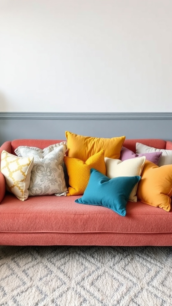 A cozy sofa adorned with colorful throw pillows in various sizes and textures.