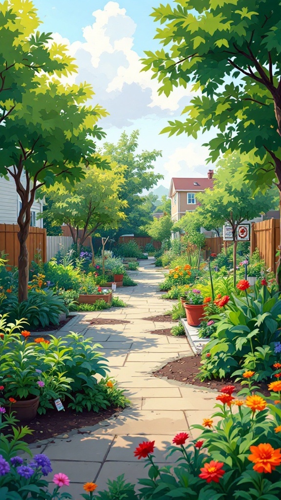 A colorful community garden with flowers and plants arranged along a pathway, surrounded by trees and houses.