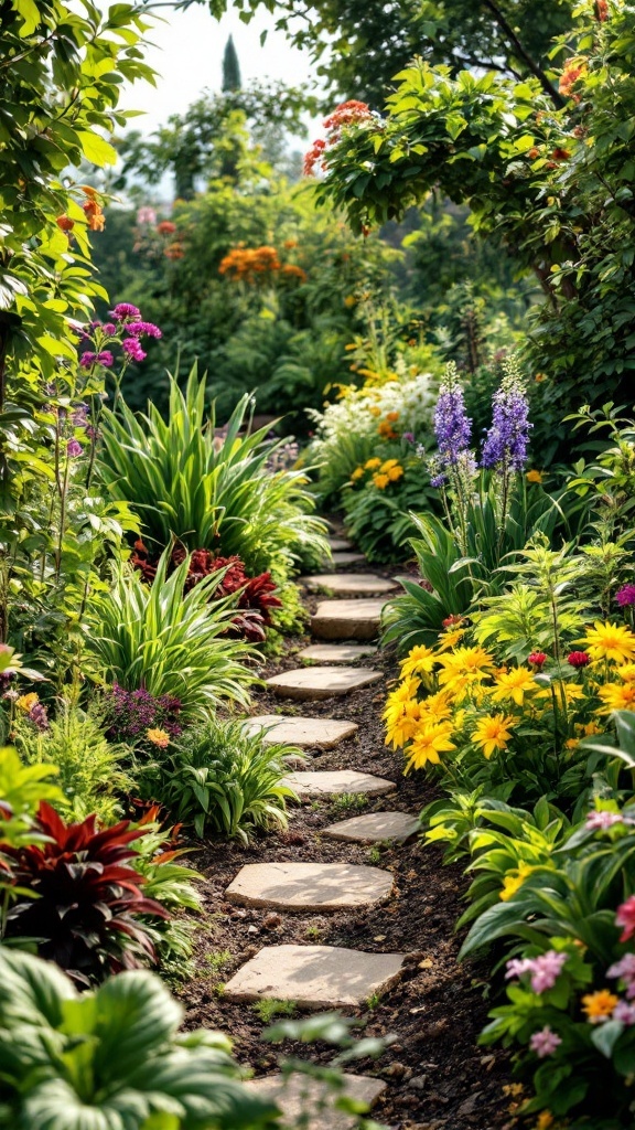 A beautiful garden path lined with colorful flowers and lush greenery, illustrating companion planting strategies.