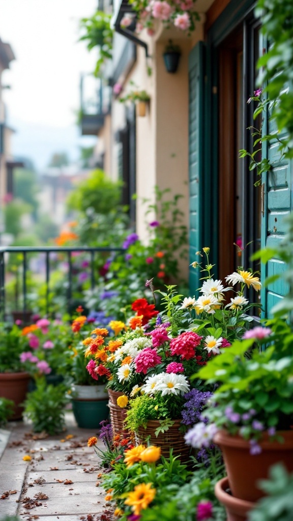 A colorful balcony garden with various flowers planted in pots.