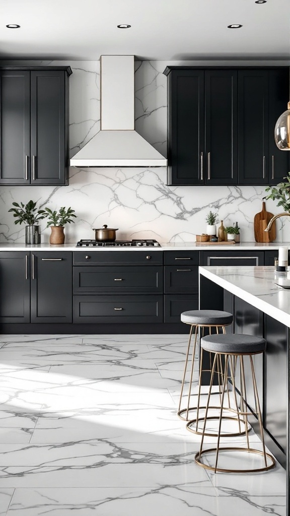 A modern black kitchen featuring white marble countertops, black cabinetry, and gold accents