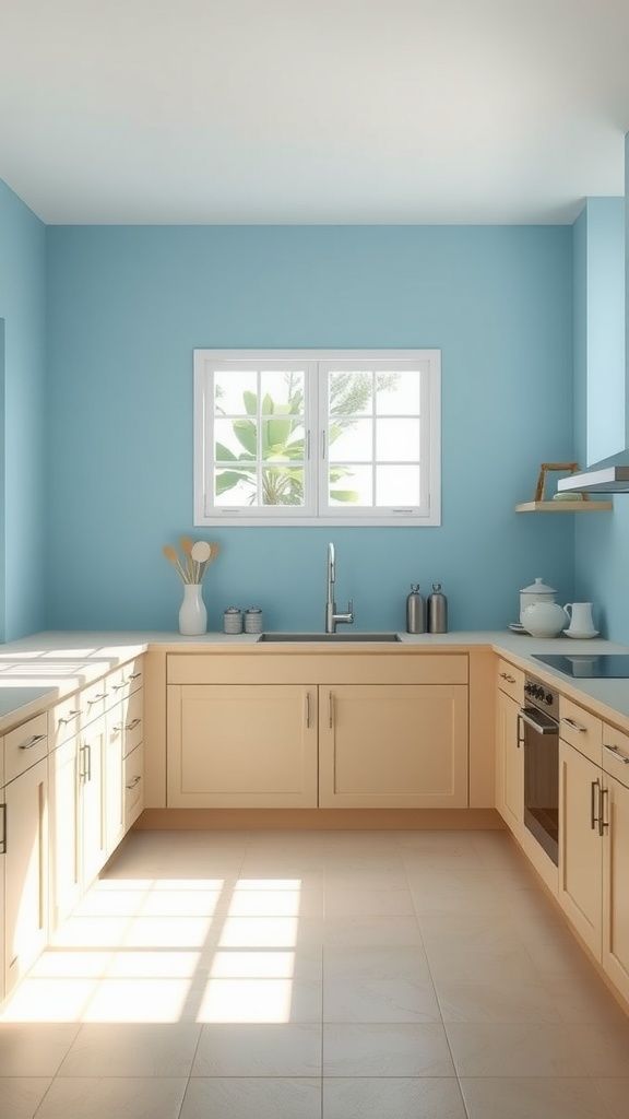 A kitchen featuring cool blue walls and sandy beige cabinets, with a bright window letting in natural light.