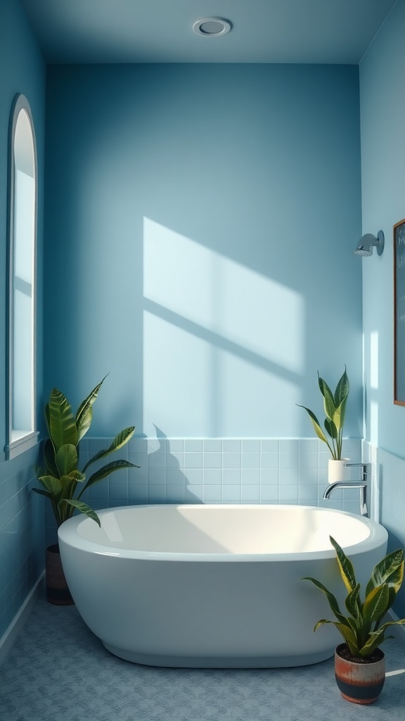 A serene bathroom featuring cool blue walls and plants around a white bathtub.