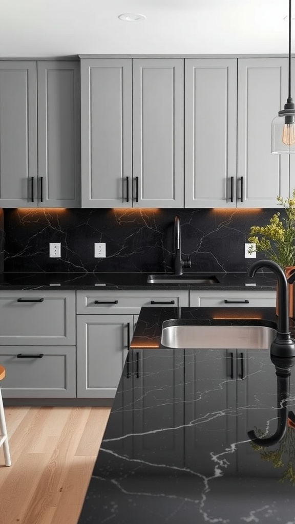 A modern kitchen featuring black granite countertops and cool gray cabinets.