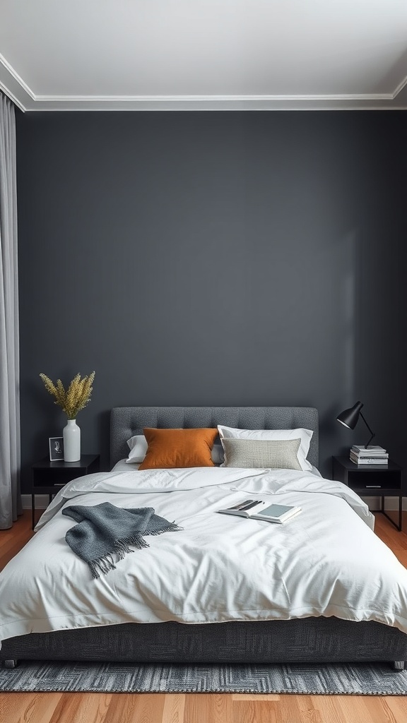 Bedroom featuring cool slate grey walls, a cozy bed with white bedding and accent pillows, and modern side tables.