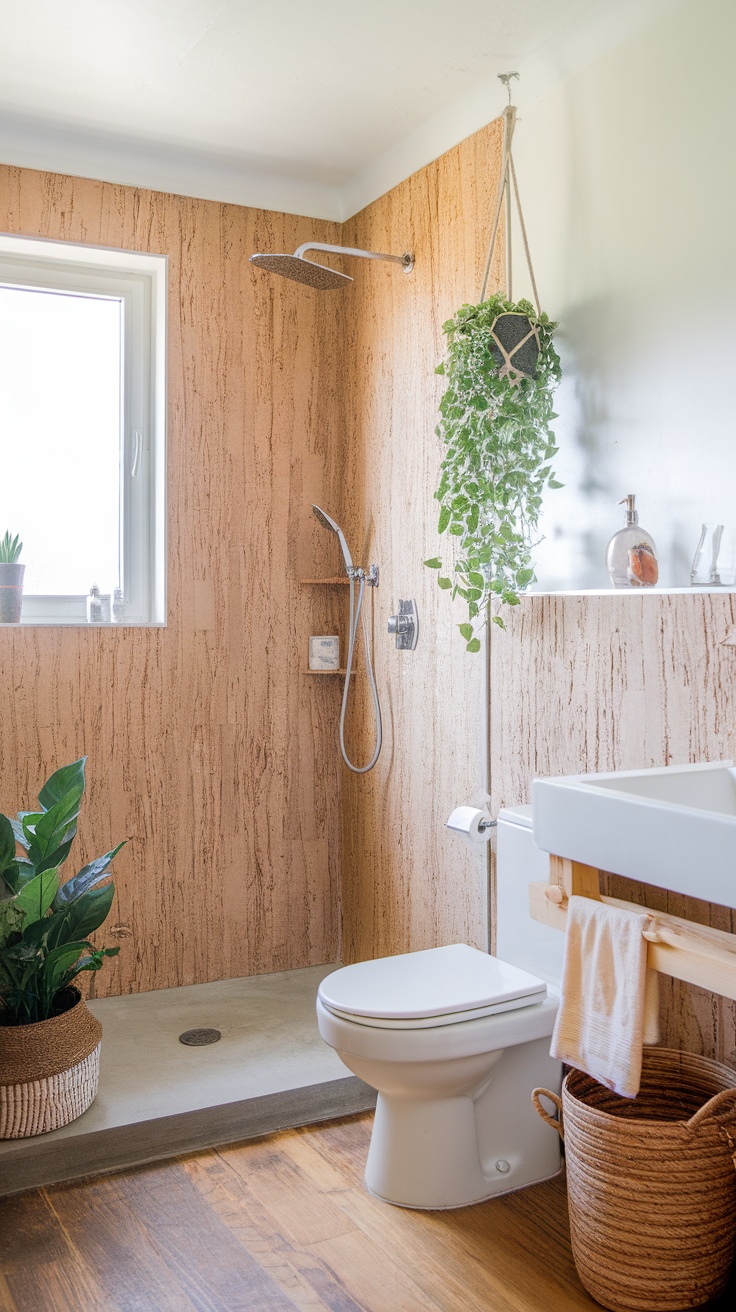 A modern bathroom with cork paneling, featuring a shower, greenery, and wooden flooring.