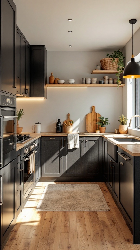 A cozy kitchen featuring black cabinetry and wooden accents, showcasing a modern design.