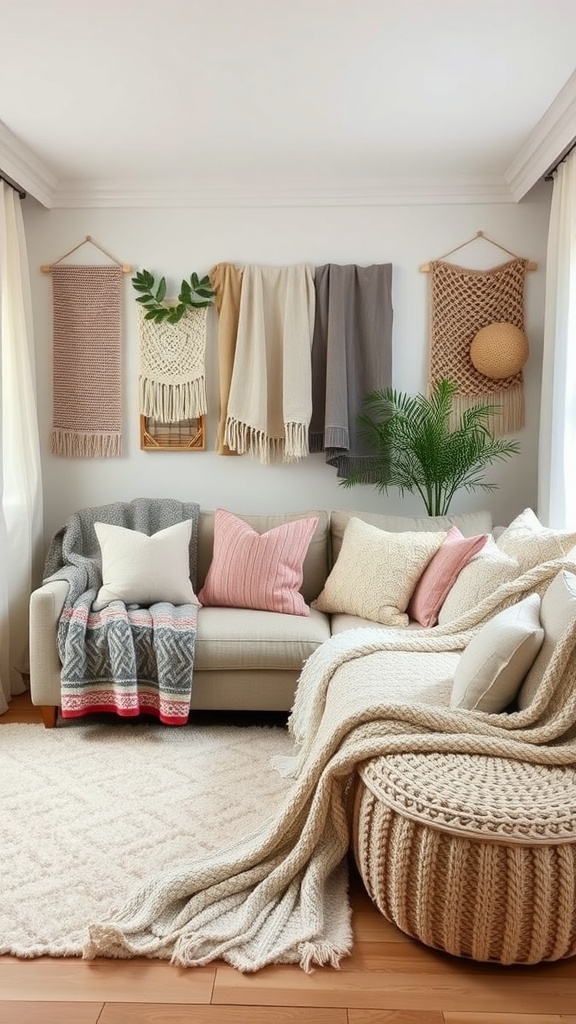 Cozy living room with soft blankets and cushions, showcasing a warm ambiance.