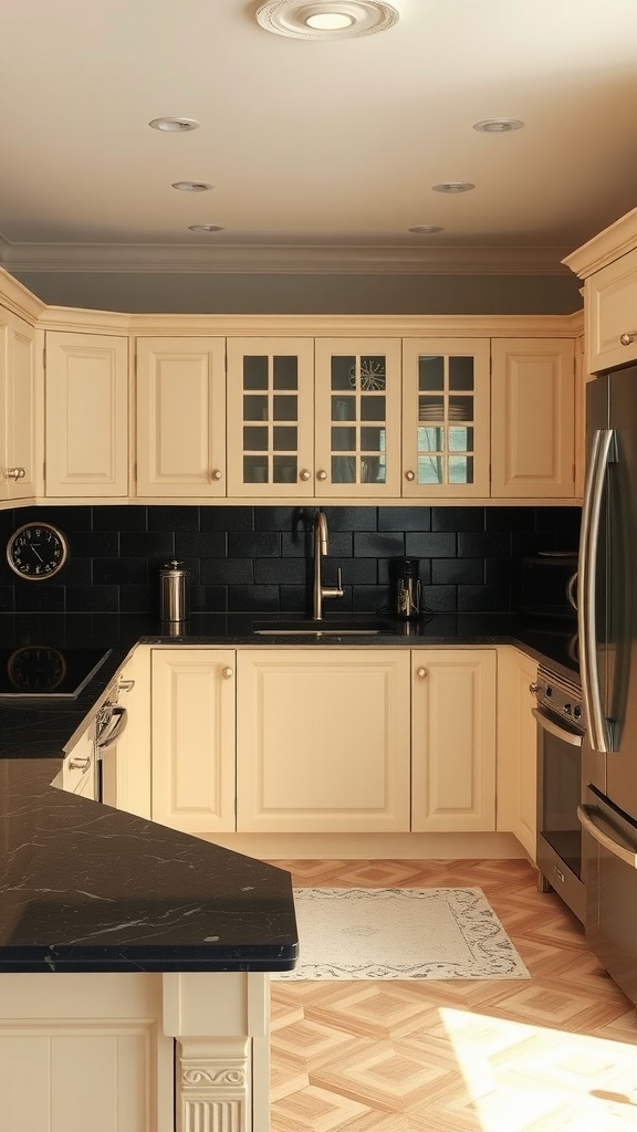 A stylish kitchen featuring black granite countertops paired with creamy beige cabinets.