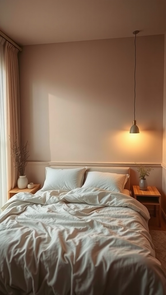 Cozy bedroom with creamy taupe walls, soft bedding, and natural light