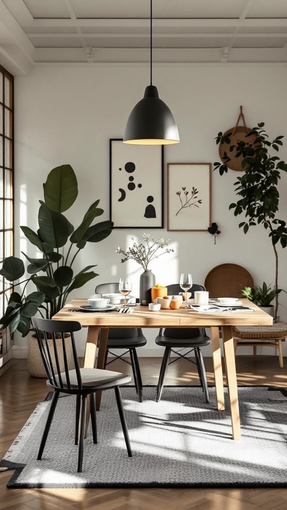 A calm and stylish dining space featuring a wooden table, black chairs, and plants