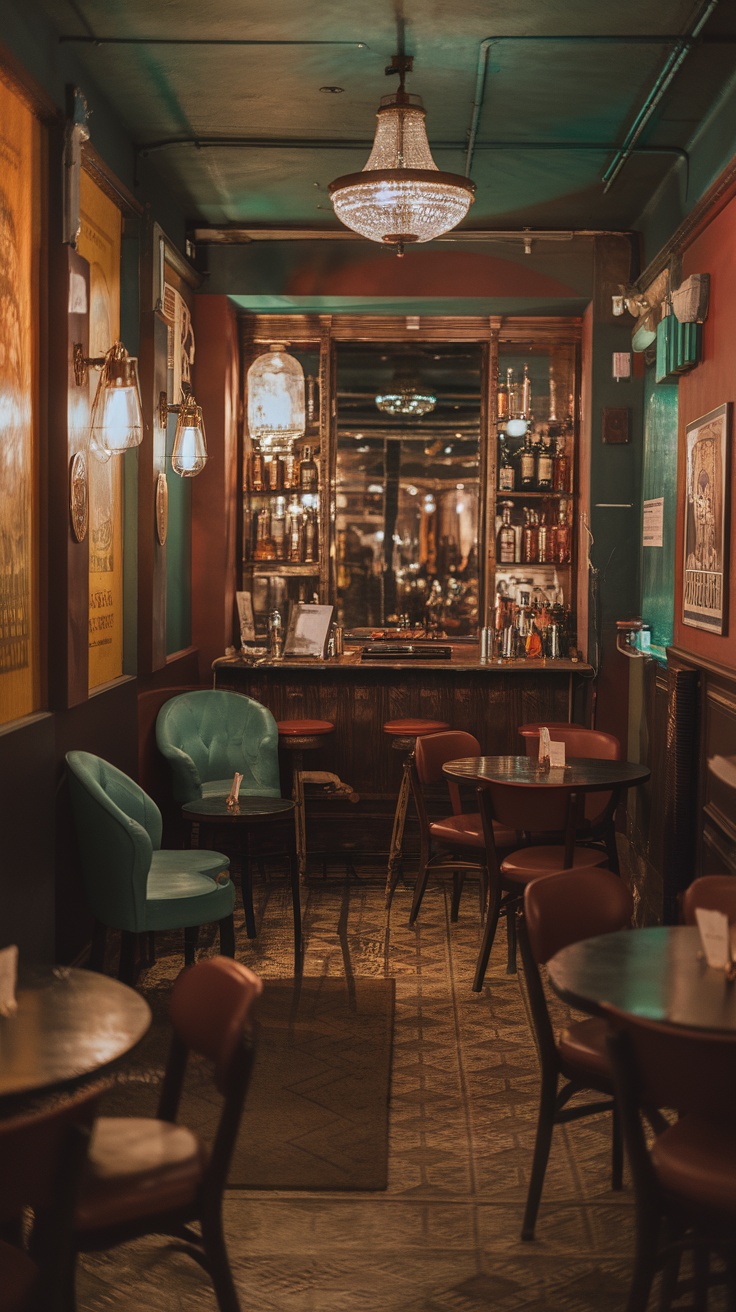 A cozy speakeasy-style bar with warm lighting and comfortable seating.