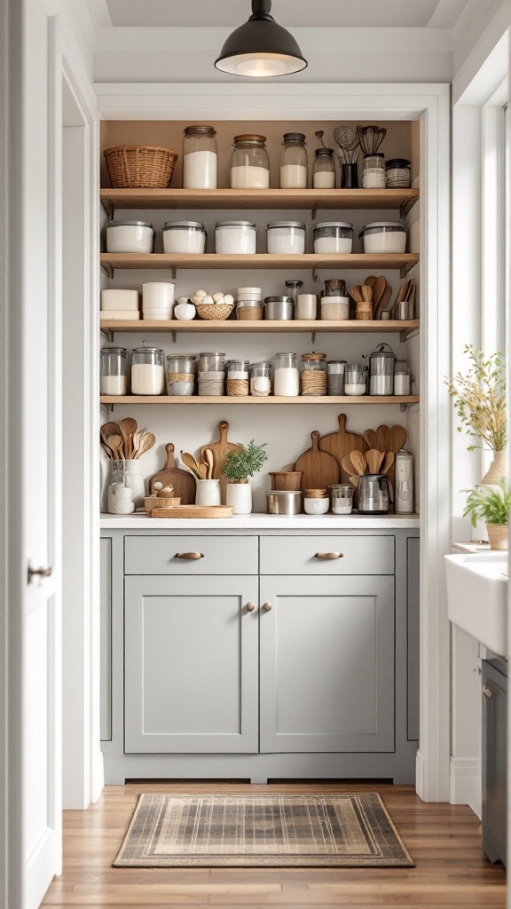 A well-organized baking zone in a walk-in pantry with jars of ingredients, wooden utensils, and a cozy aesthetic.