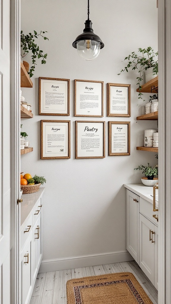 A cozy walk-in pantry featuring a recipe wall with framed recipes and decorative elements.