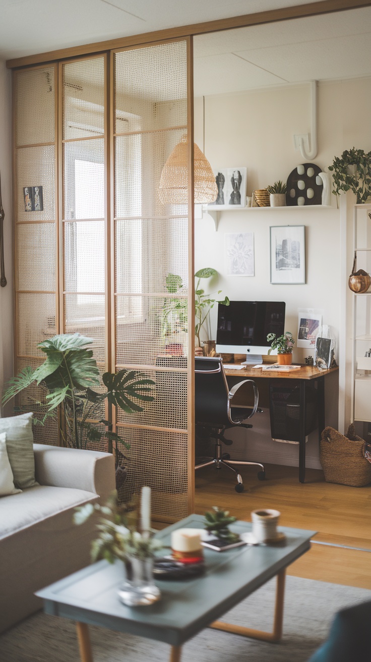 A stylish home office with an IKEA IVAR room divider, featuring a desk, computer, and plants.