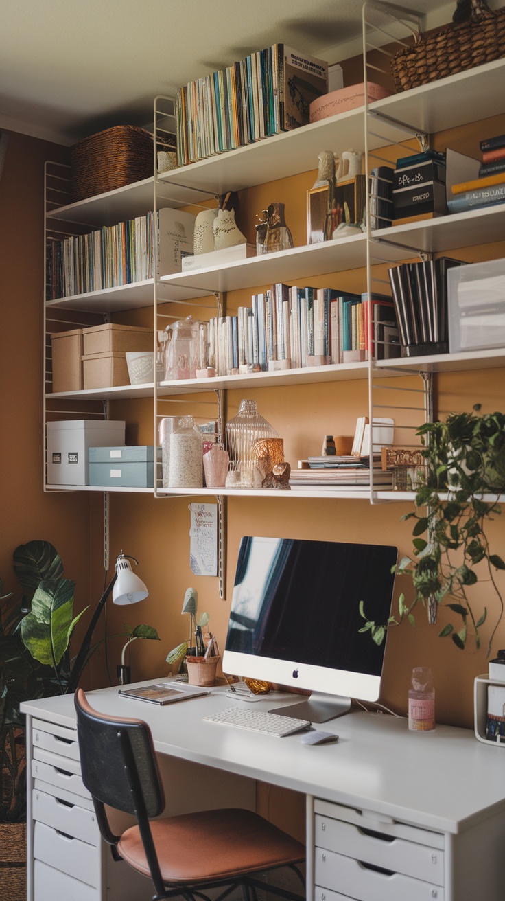 A stylish office space featuring Ivar shelves with books, decorative items, and a computer.