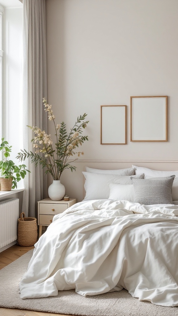 Japandi-inspired bedroom with a white bedspread, plants, and natural light