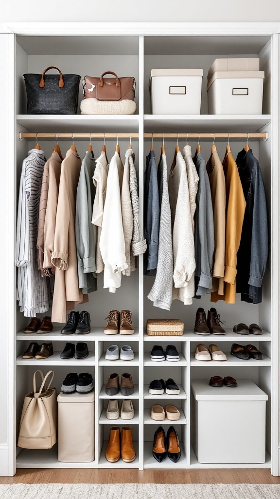 Organized IKEA closet displaying clothes, shoes, and bags in a neat arrangement.