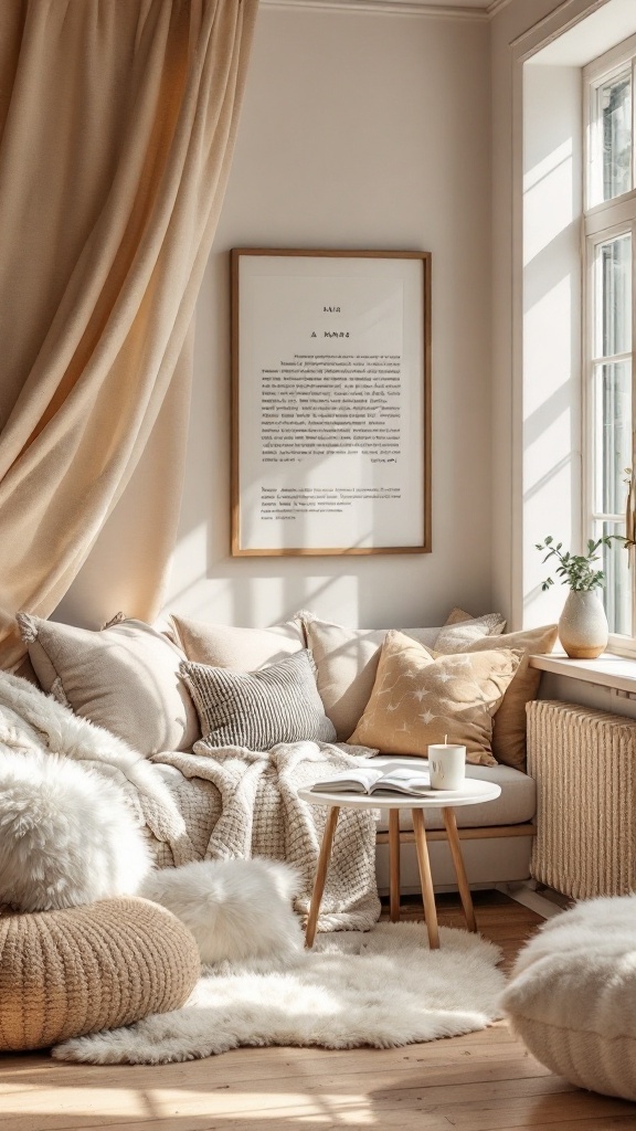 A cozy nook featuring soft neutral tones, plush pillows, a small table with a book and cup, and natural light.