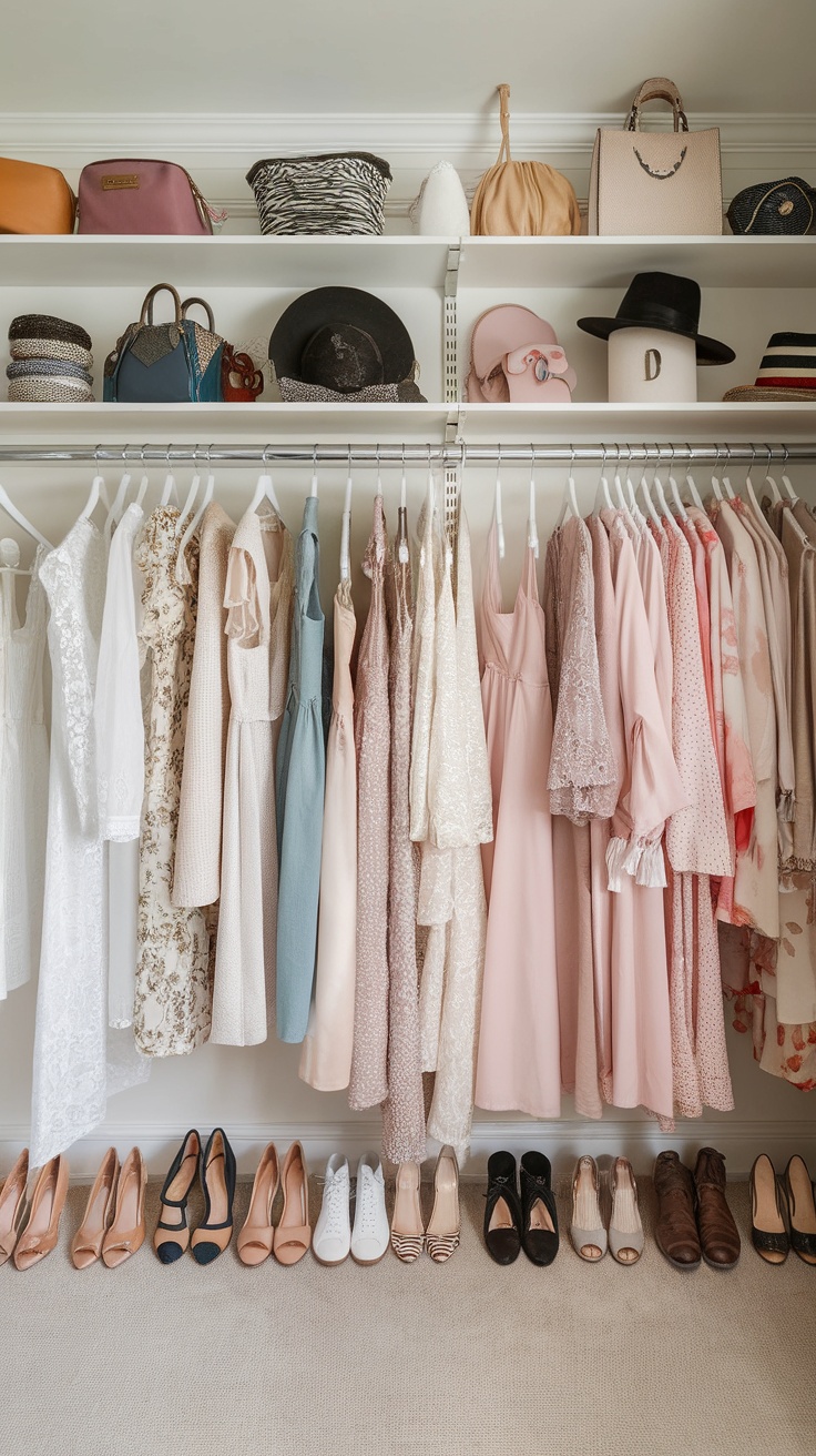 A well-organized walk-in closet showcasing dresses, shoes, and accessories.