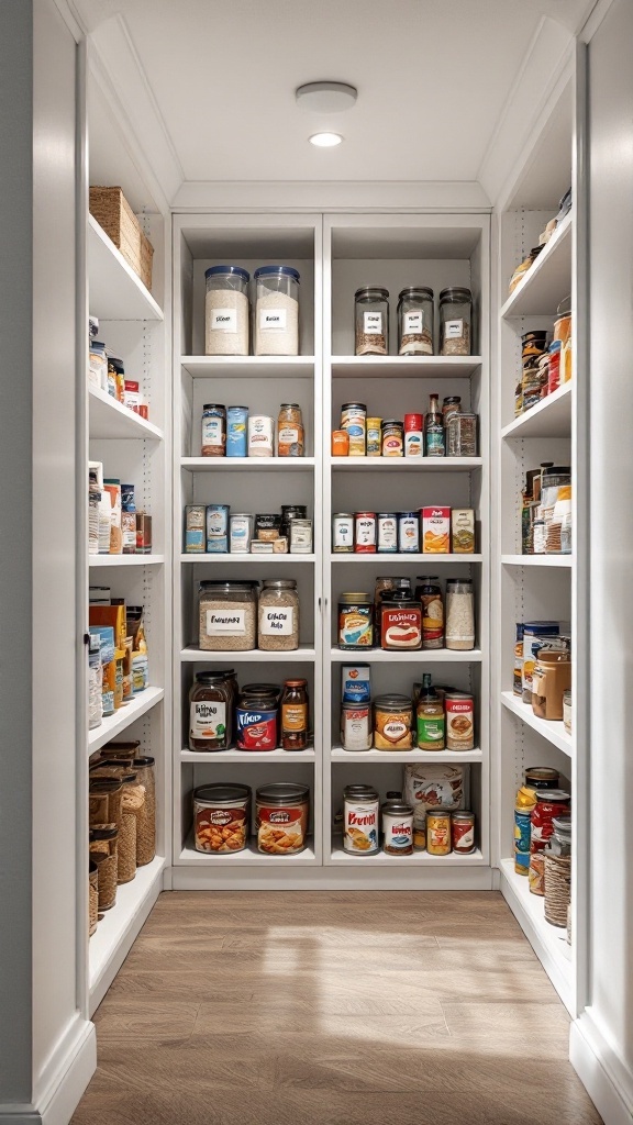 Organized walk-in pantry with labeled jars and neatly arranged shelves