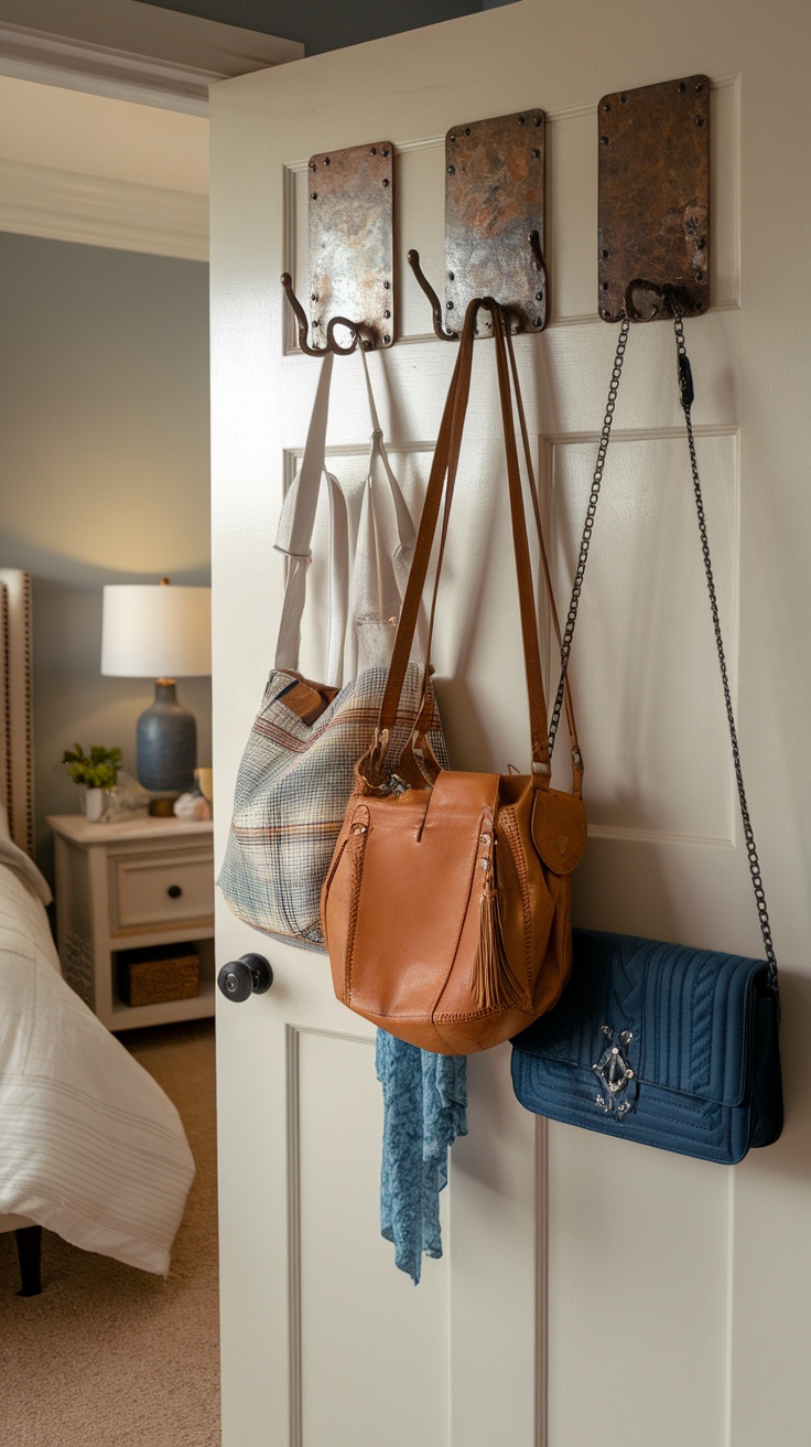 Door hooks on a bedroom door holding bags and accessories