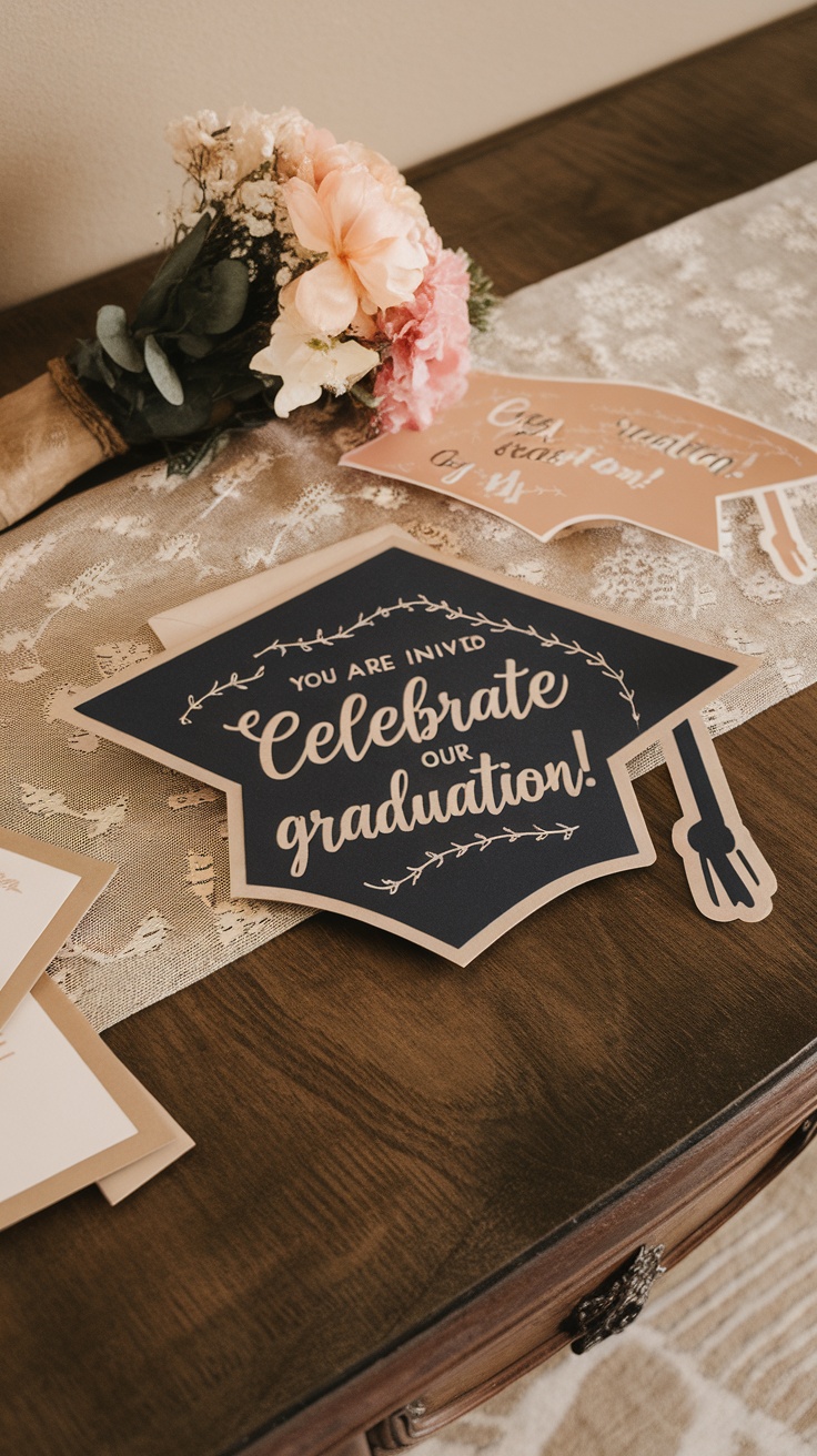 Graduation party invitations designed as caps with flowers on a table.