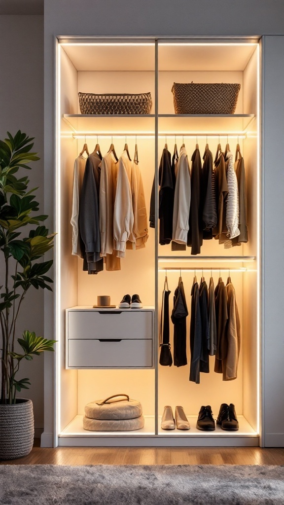 A stylish closet with warm LED lighting showcasing clothes and accessories.