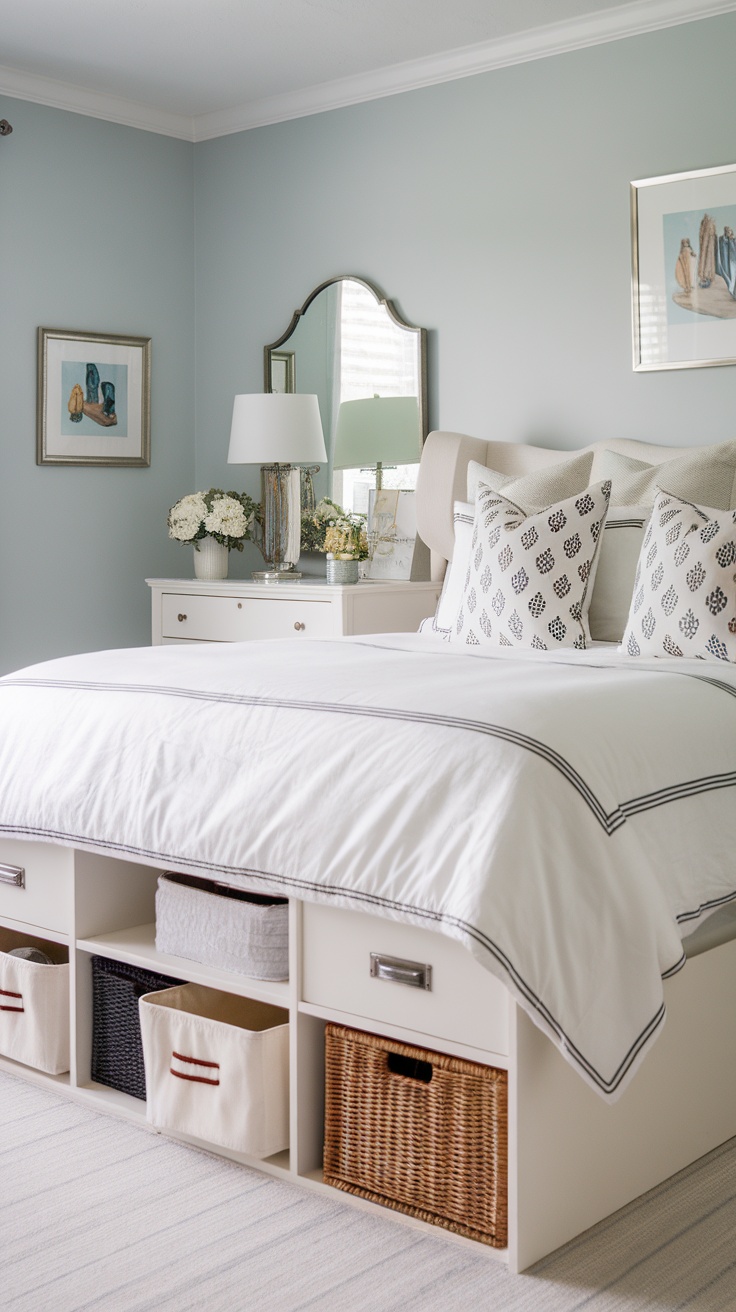 A beautifully arranged bedroom with a bed featuring under-bed storage drawers and baskets.