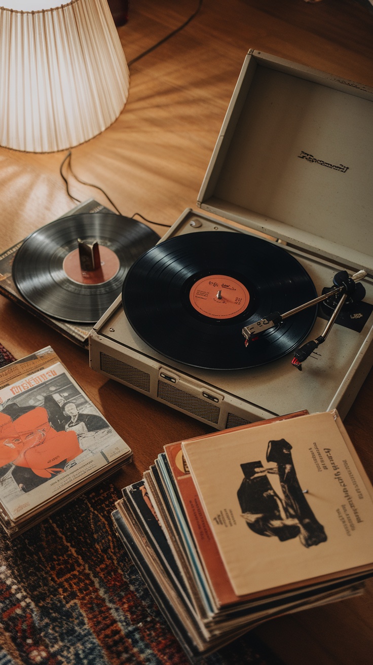 A vintage record player with vinyl records and a lamp, creating a cozy atmosphere.