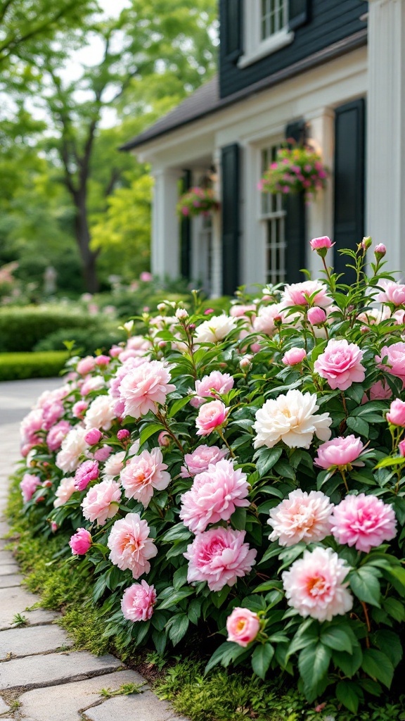 A front flower bed filled with pink peonies in bloom near a house