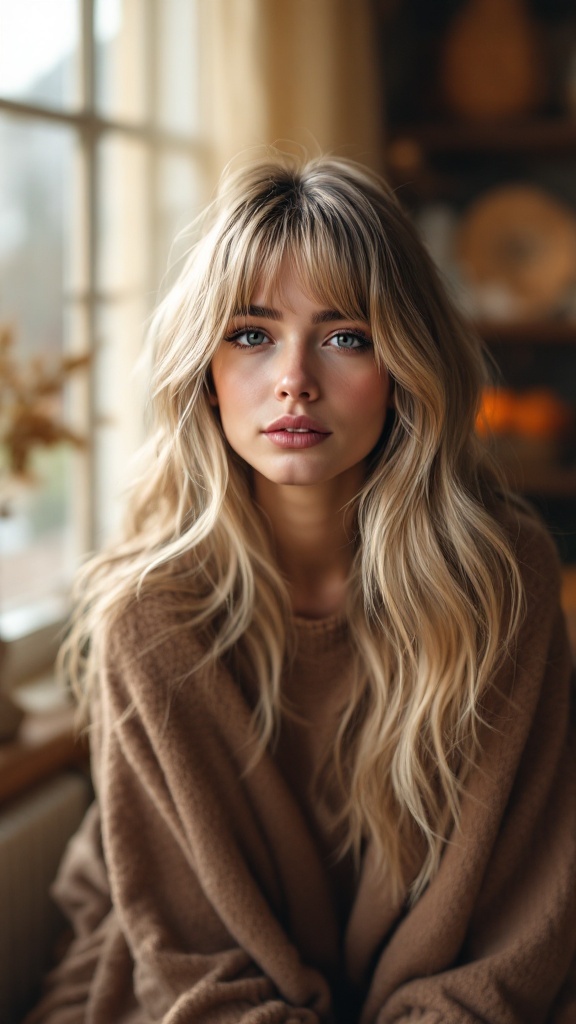 A woman with long hair and curtain bangs, wearing a cozy brown sweater, sitting by a window