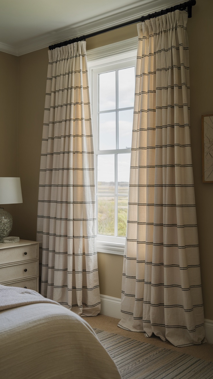 Light striped curtains hanging beside a window in a cozy bedroom